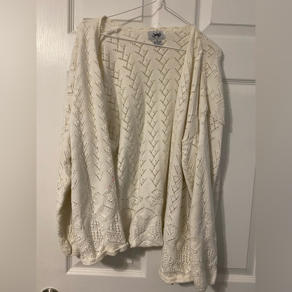 Judy’s vintage medium white eyelet cardigan SMALL PINK STAIN ON FRONT OPENING